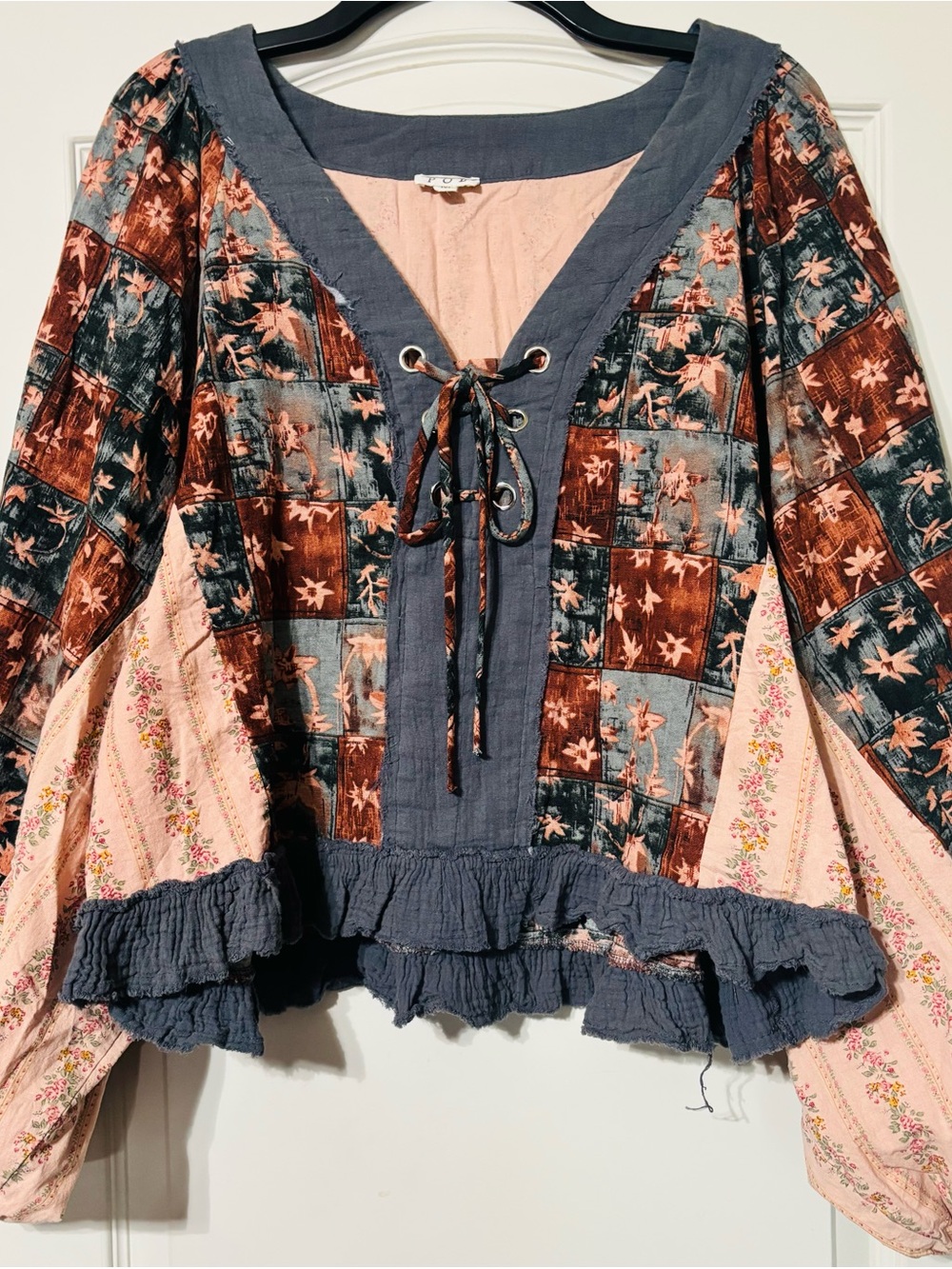 POL Boho Patchwork Lace-Up Peasant Top in Rust, Dusty Blue, Blush - Picture 2 of 7